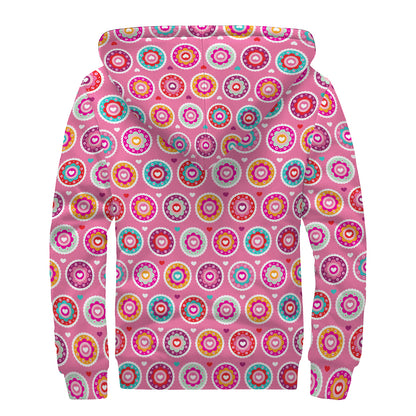 Pink Girly Flower Pattern Print Sherpa Lined Zip Up Hoodie