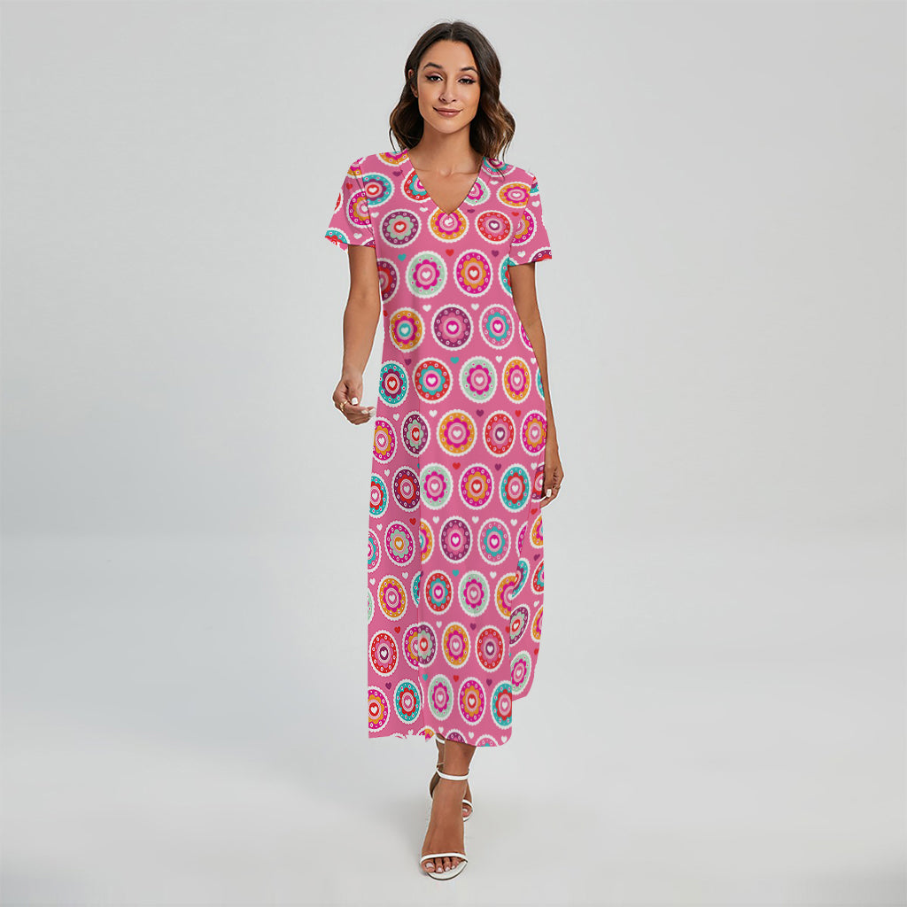 Pink Girly Flower Pattern Print Short Sleeve Maxi Dress