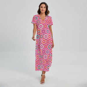 Pink Girly Flower Pattern Print Short Sleeve Maxi Dress