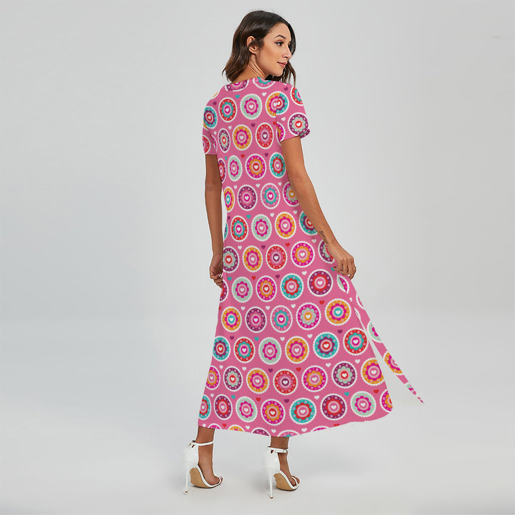 Pink Girly Flower Pattern Print Short Sleeve Maxi Dress