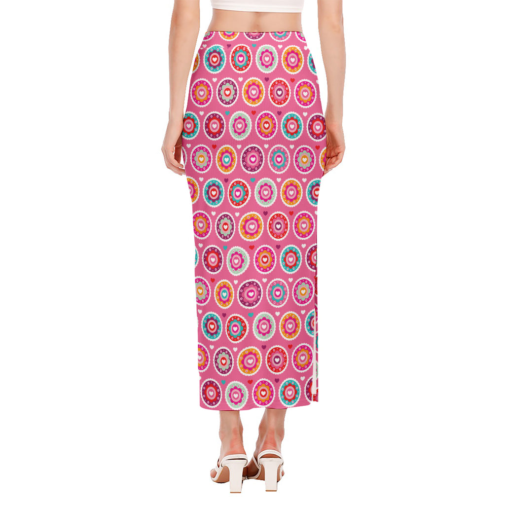 Pink Girly Flower Pattern Print Side Slit Maxi Skirt