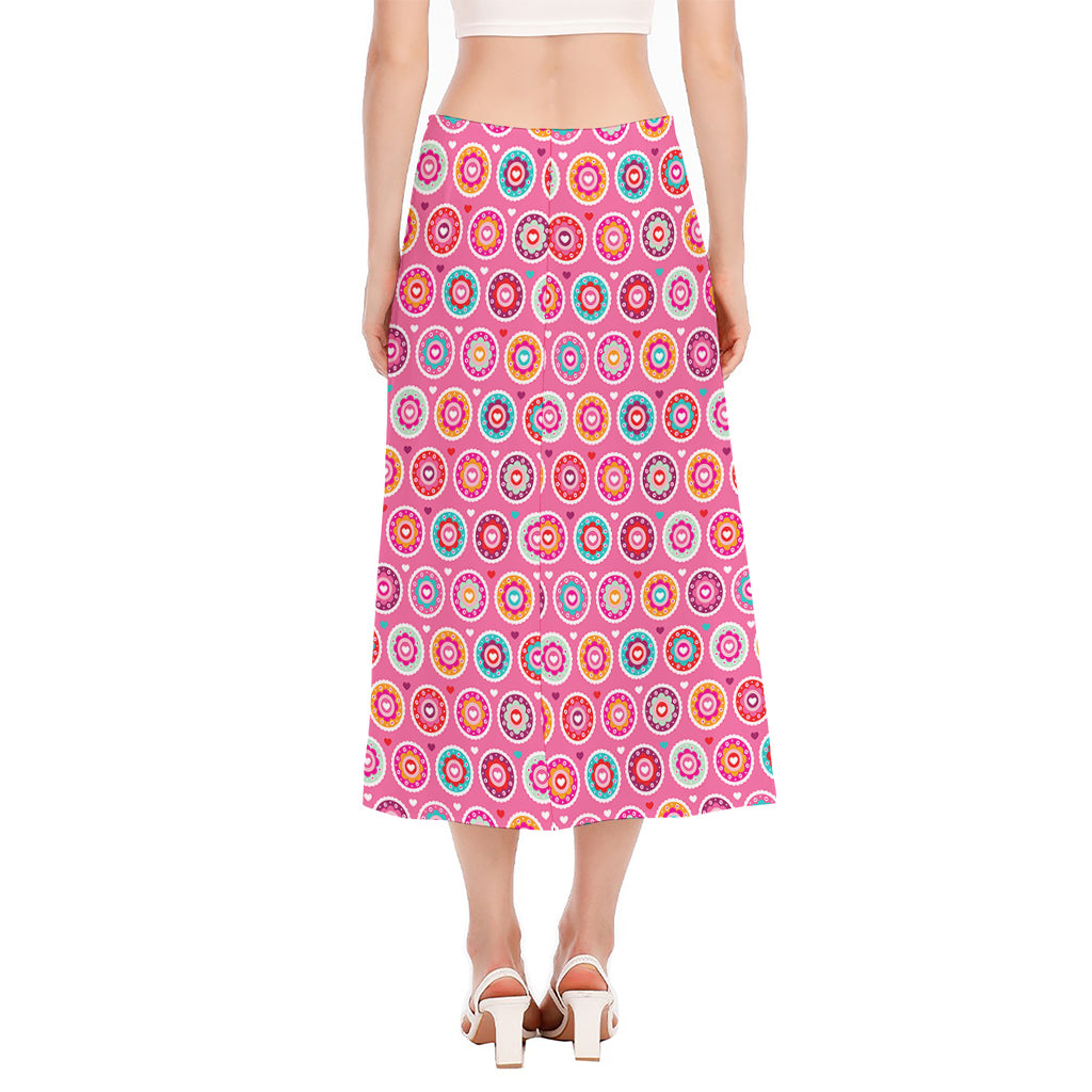 Pink Girly Flower Pattern Print Side Slit Midi Skirt