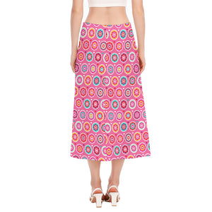 Pink Girly Flower Pattern Print Side Slit Midi Skirt