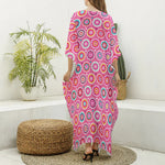 Pink Girly Flower Pattern Print Silk V-Neck Kaftan Dress