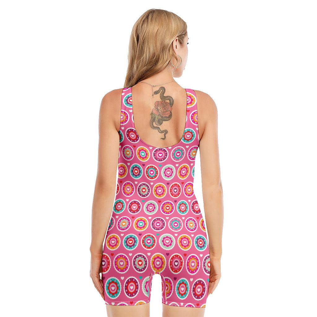 Pink Girly Flower Pattern Print Sleeveless One Piece Swimsuit