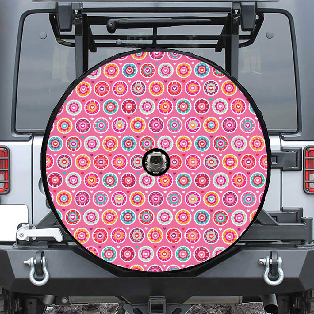 Pink Girly Flower Pattern Print Tire Cover With Camera Hole