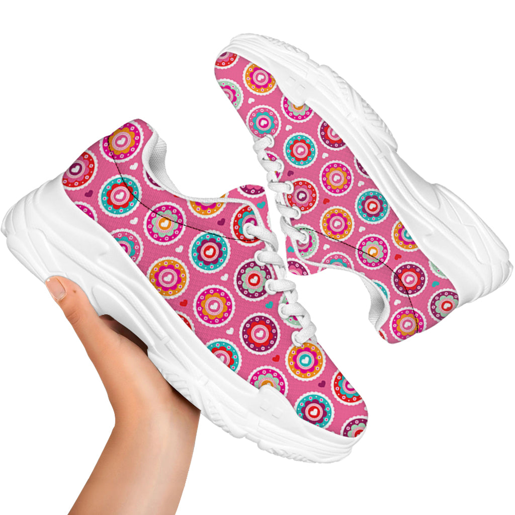 Pink Girly Flower Pattern Print White Chunky Shoes
