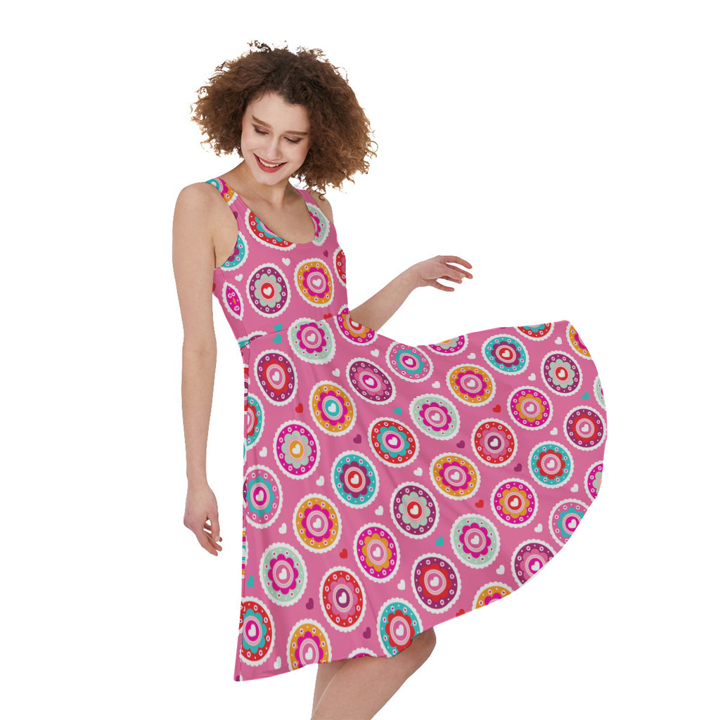 Pink Girly Flower Pattern Print Women's Sleeveless Dress