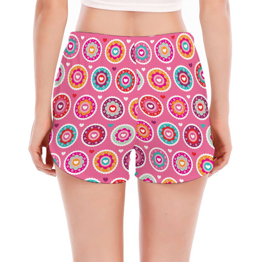 Pink Girly Flower Pattern Print Women's Split Running Shorts