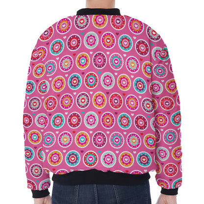 Pink Girly Flower Pattern Print Zip Sleeve Bomber Jacket
