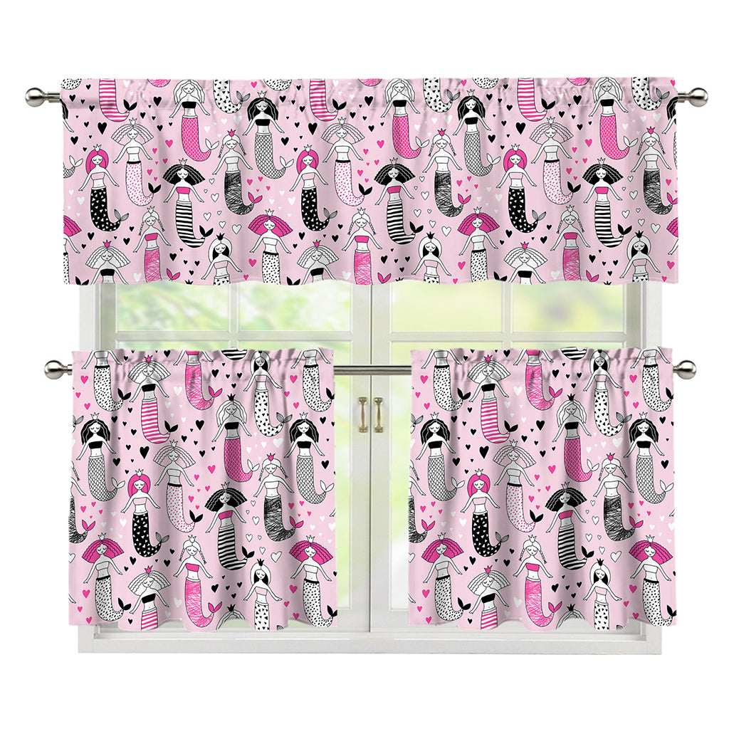 Pink Girly Mermaid Pattern Print 3 Piece Kitchen Curtains