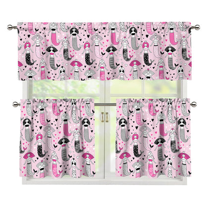 Pink Girly Mermaid Pattern Print 3 Piece Kitchen Curtains