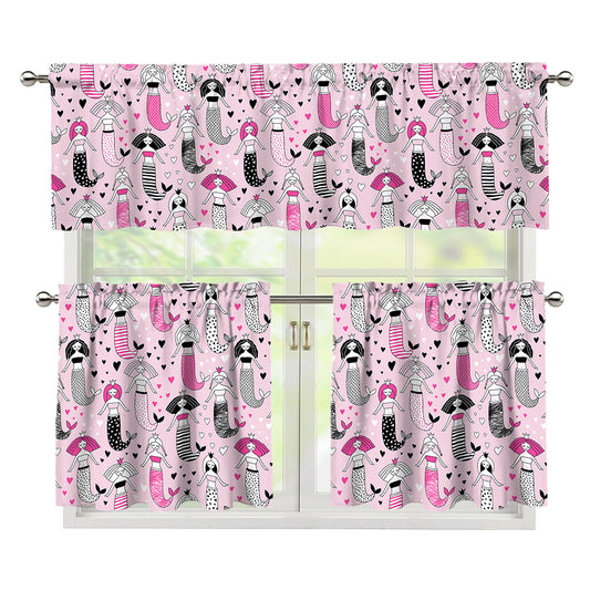 Pink Girly Mermaid Pattern Print 3 Piece Kitchen Curtains