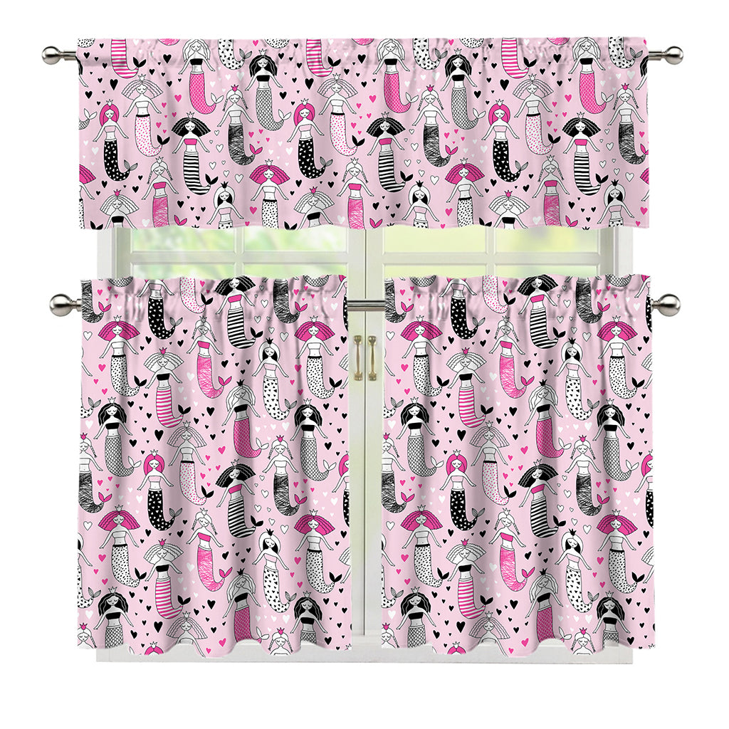 Pink Girly Mermaid Pattern Print 3 Piece Kitchen Curtains