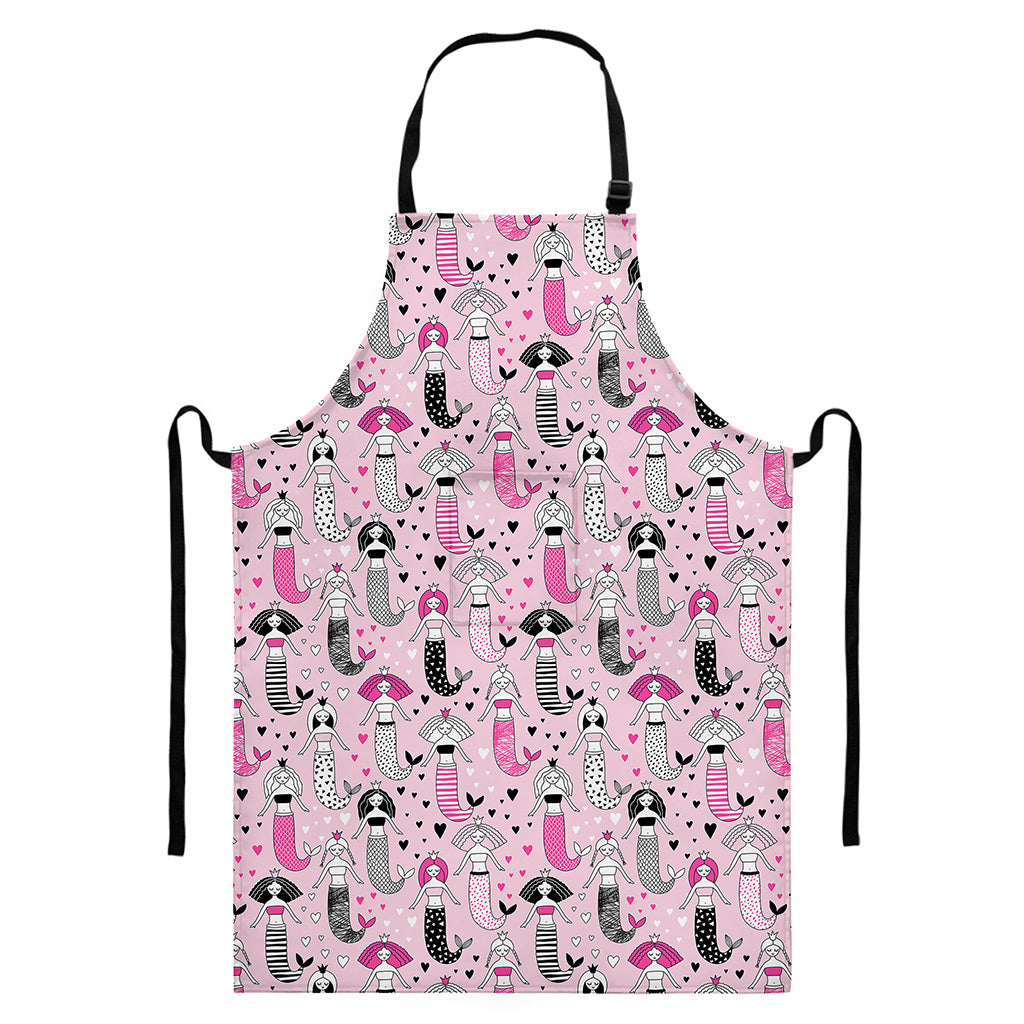 Pink Girly Mermaid Pattern Print Bib Apron With Pocket