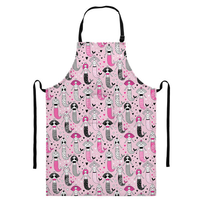Pink Girly Mermaid Pattern Print Bib Apron With Pocket