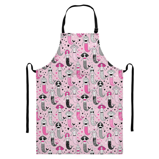 Pink Girly Mermaid Pattern Print Bib Apron With Pocket