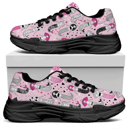 Pink Girly Mermaid Pattern Print Black Chunky Shoes
