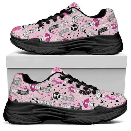 Pink Girly Mermaid Pattern Print Black Chunky Shoes