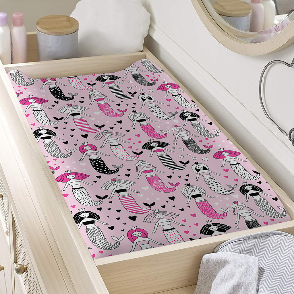 Pink Girly Mermaid Pattern Print Changing Pad Cover