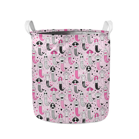 Pink Girly Mermaid Pattern Print Collapsible Laundry Basket