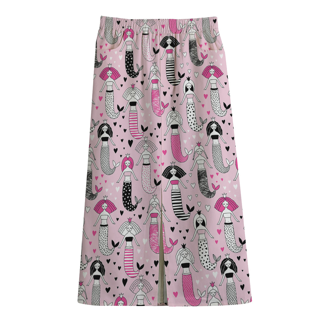 Pink Girly Mermaid Pattern Print Cotton Front Slit Maxi Skirt