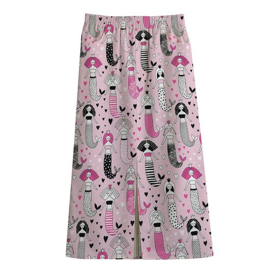 Pink Girly Mermaid Pattern Print Cotton Front Slit Maxi Skirt