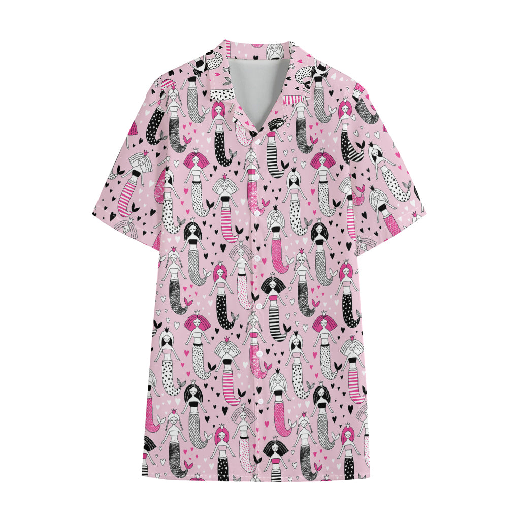Pink Girly Mermaid Pattern Print Cotton Hawaiian Shirt