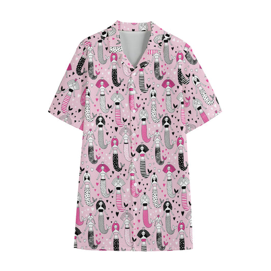 Pink Girly Mermaid Pattern Print Cotton Hawaiian Shirt