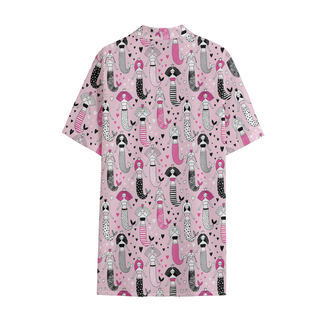 Pink Girly Mermaid Pattern Print Cotton Hawaiian Shirt