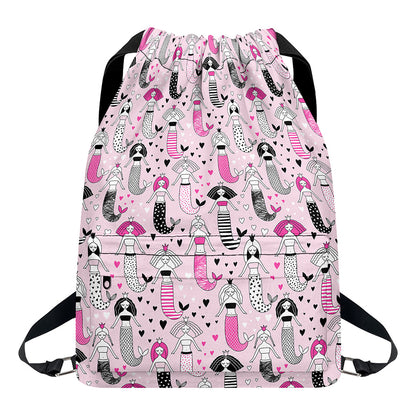 Pink Girly Mermaid Pattern Print Drawstring Backpack
