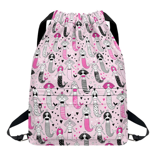Pink Girly Mermaid Pattern Print Drawstring Backpack