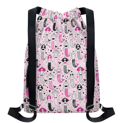 Pink Girly Mermaid Pattern Print Drawstring Backpack