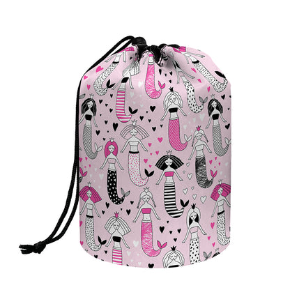 Pink Girly Mermaid Pattern Print Drawstring Makeup Bag
