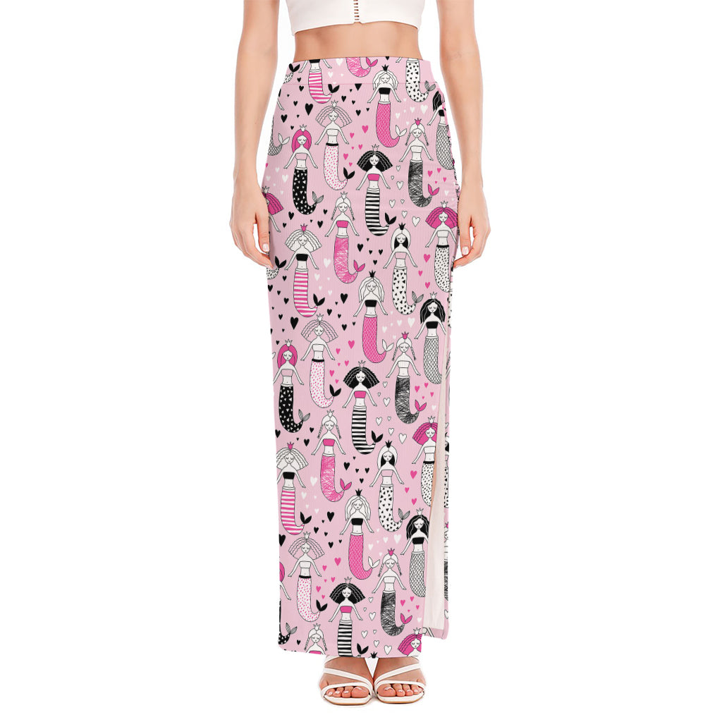 Pink Girly Mermaid Pattern Print High Slit Maxi Skirt