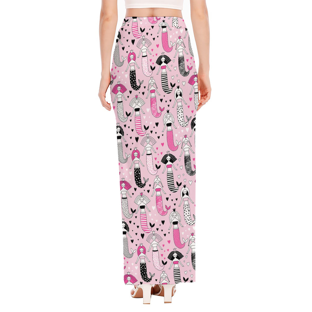 Pink Girly Mermaid Pattern Print High Slit Maxi Skirt