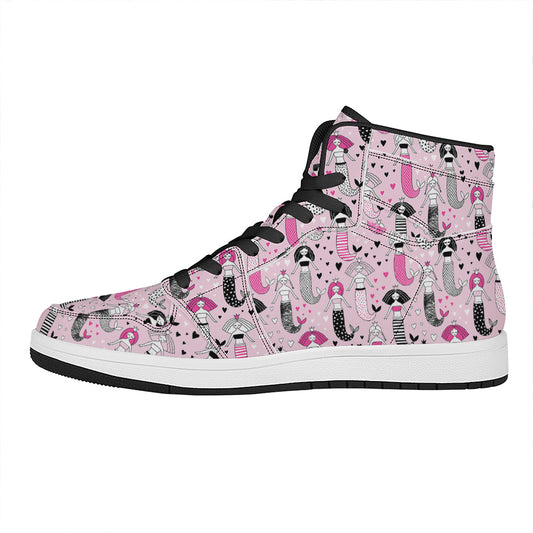 Pink Girly Mermaid Pattern Print High Top Leather Sneakers