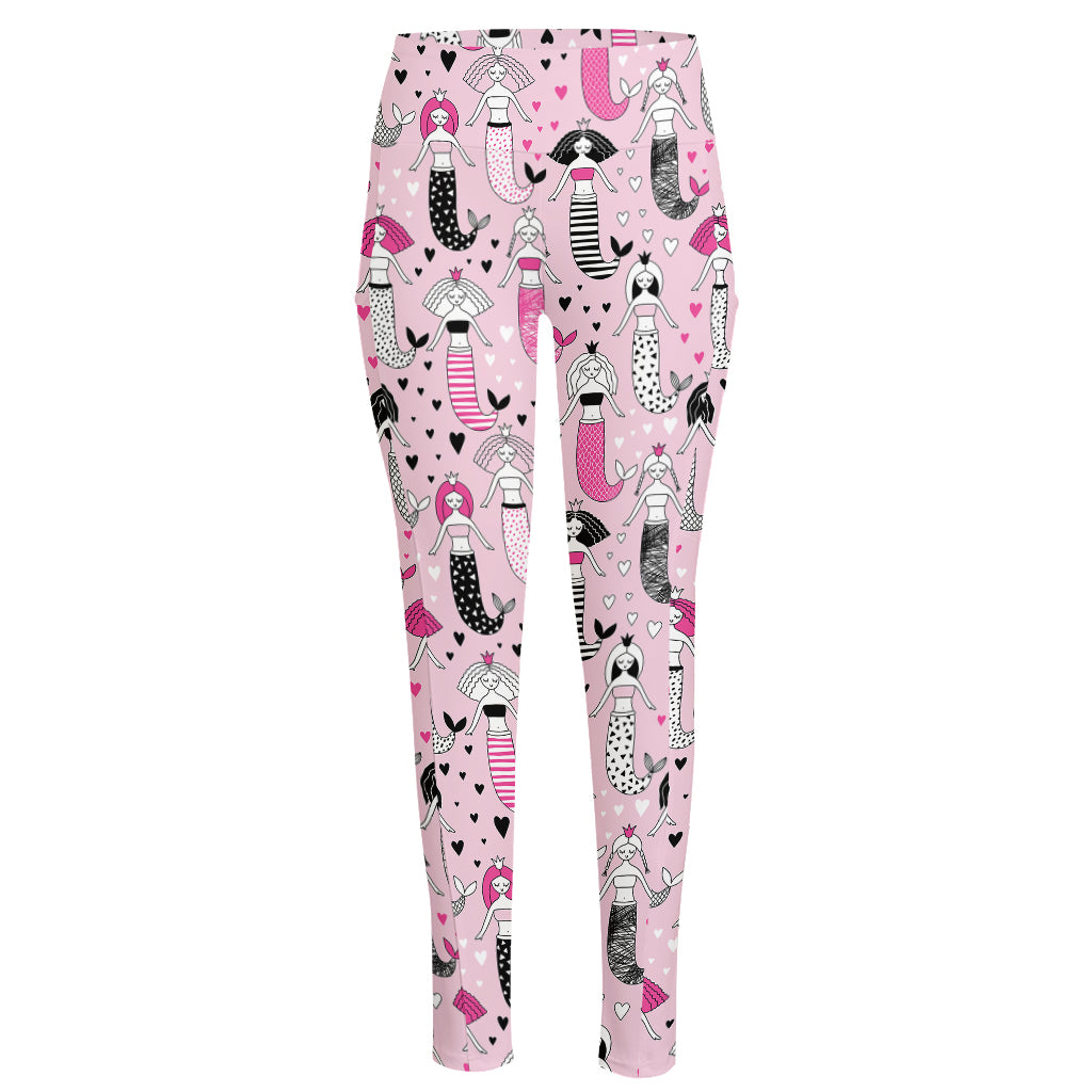 Pink Girly Mermaid Pattern Print High-Waisted Pocket Leggings