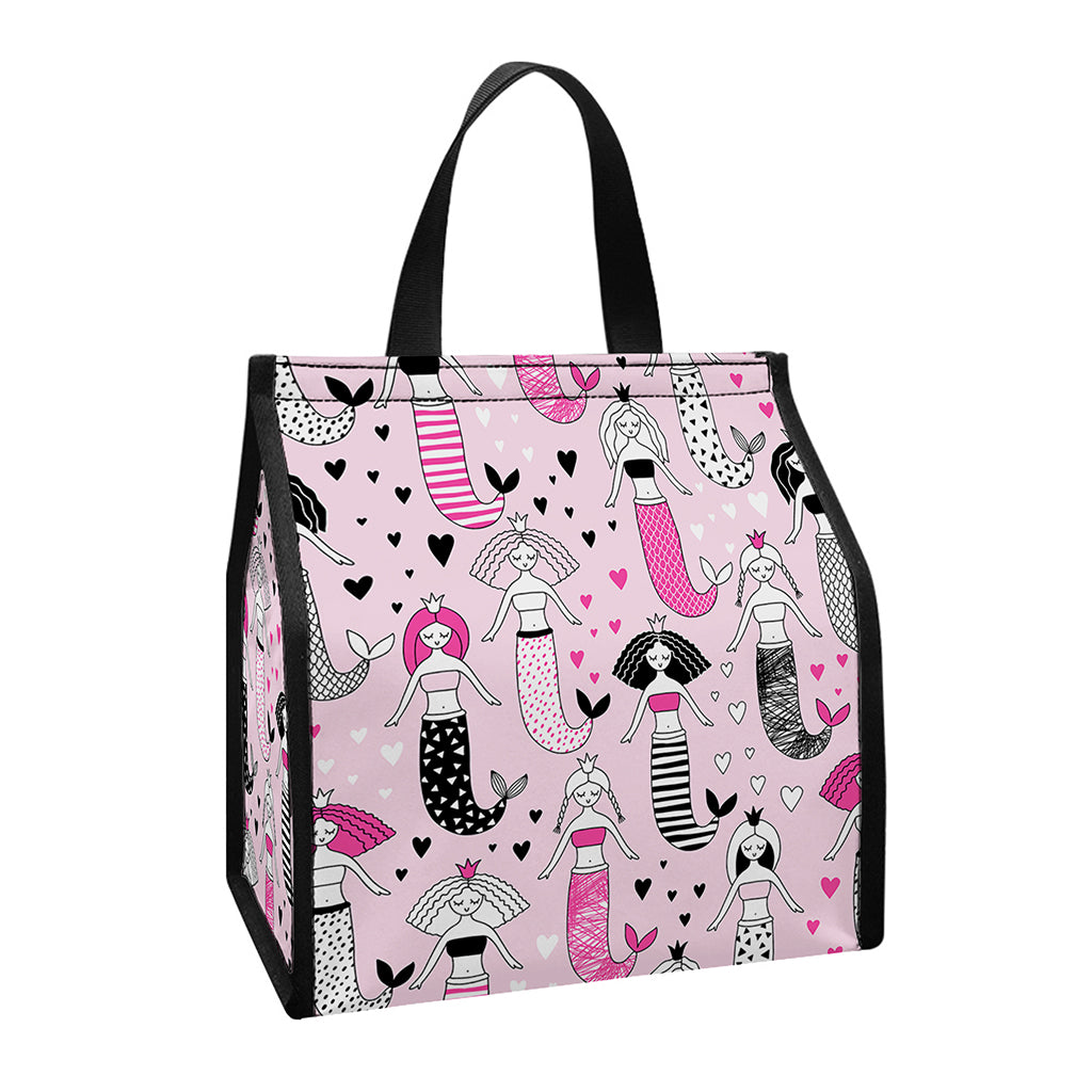 Pink Girly Mermaid Pattern Print Insulated Lunch Tote