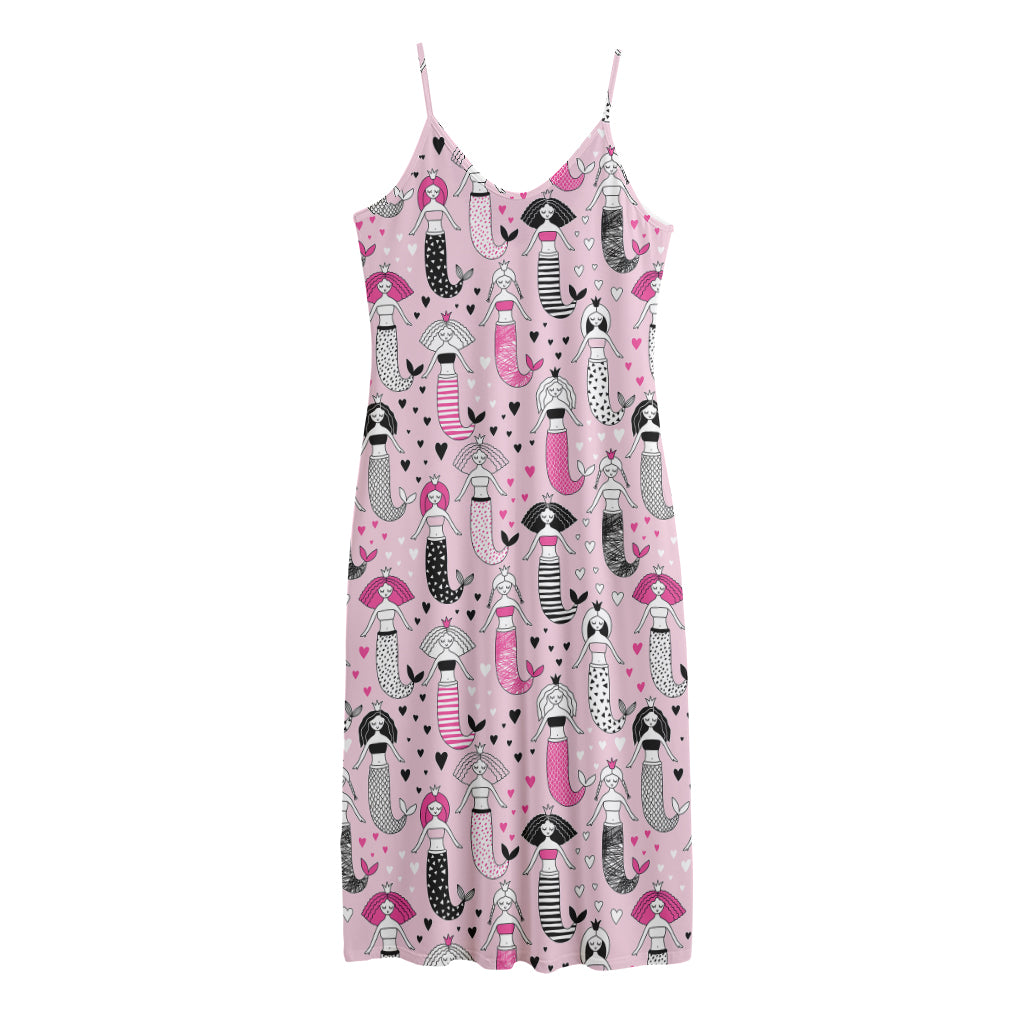 Pink Girly Mermaid Pattern Print Jersey Midi Cami Dress