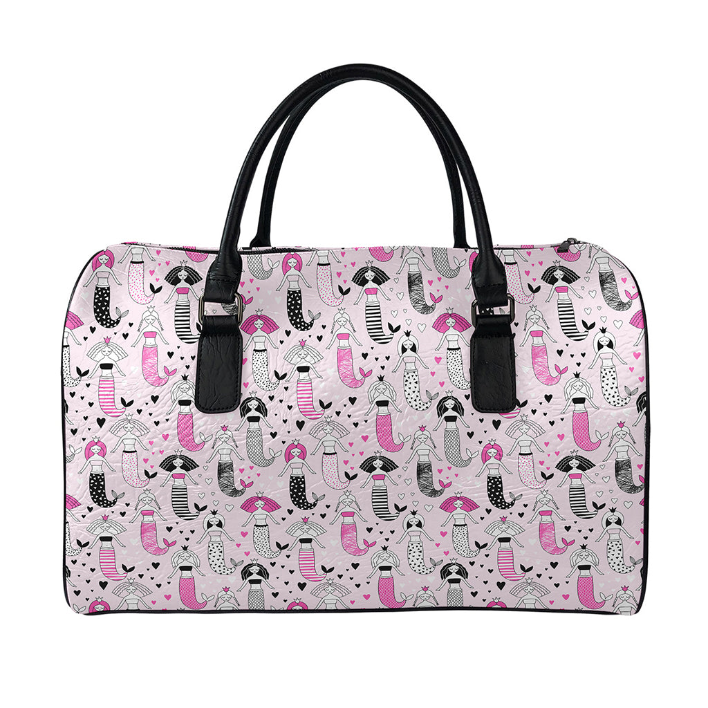 Pink Girly Mermaid Pattern Print Leather Duffle Bag