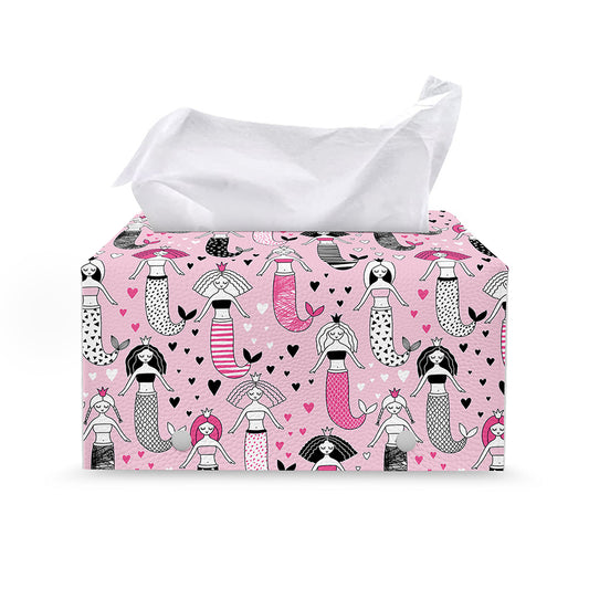 Pink Girly Mermaid Pattern Print Leather Tissue Box Cover