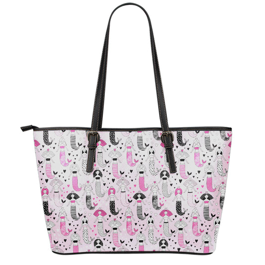 Pink Girly Mermaid Pattern Print Leather Tote Bag