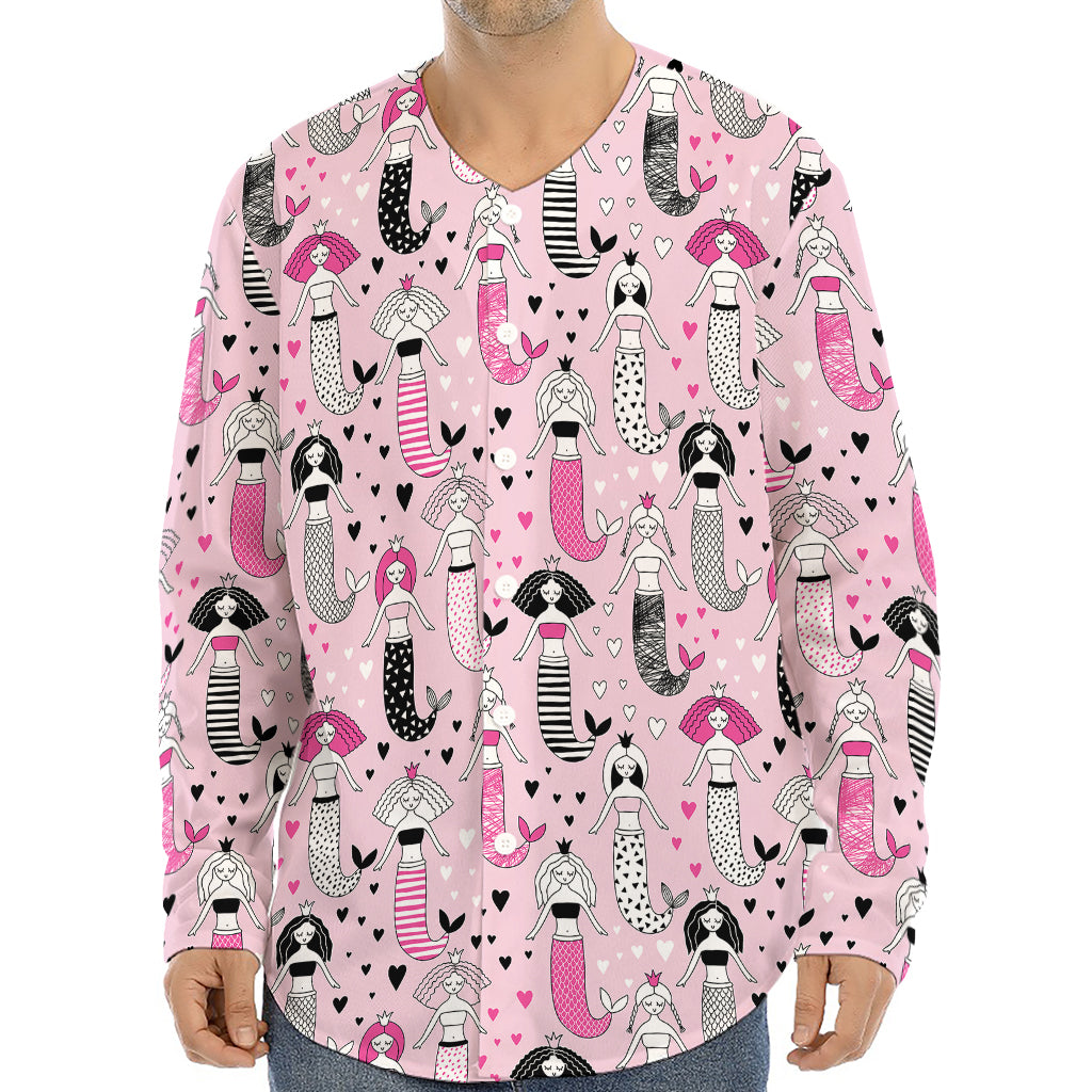 Pink Girly Mermaid Pattern Print Long Sleeve Baseball Jersey