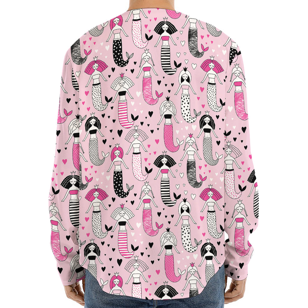 Pink Girly Mermaid Pattern Print Long Sleeve Baseball Jersey