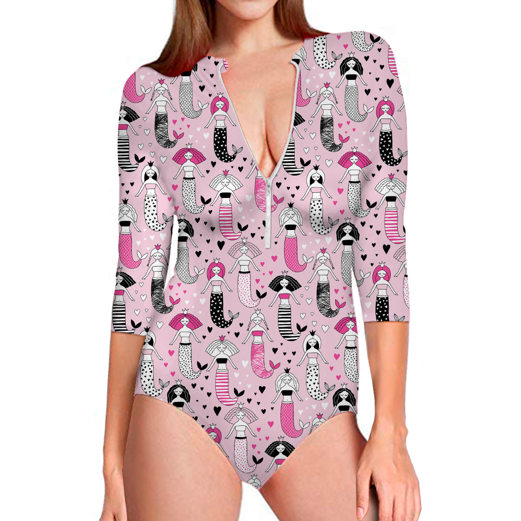 Pink Girly Mermaid Pattern Print Long Sleeve Swimsuit