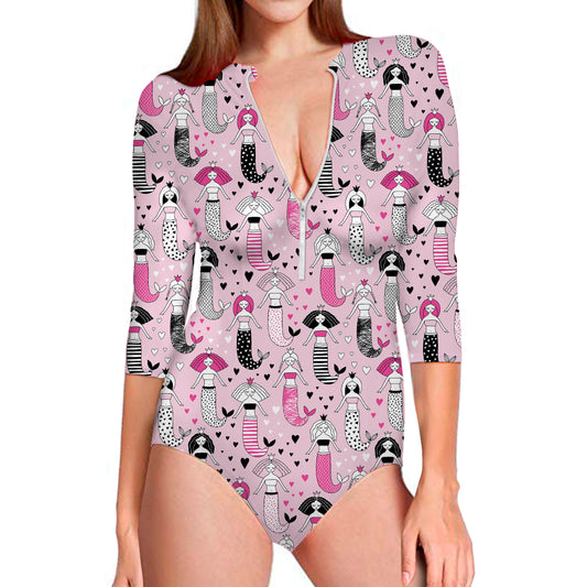 Pink Girly Mermaid Pattern Print Long Sleeve Swimsuit