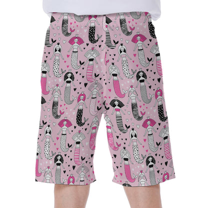 Pink Girly Mermaid Pattern Print Men's Beach Shorts