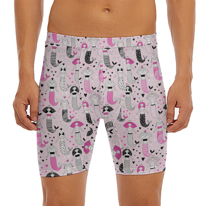 Pink Girly Mermaid Pattern Print Men's Long Boxer Briefs