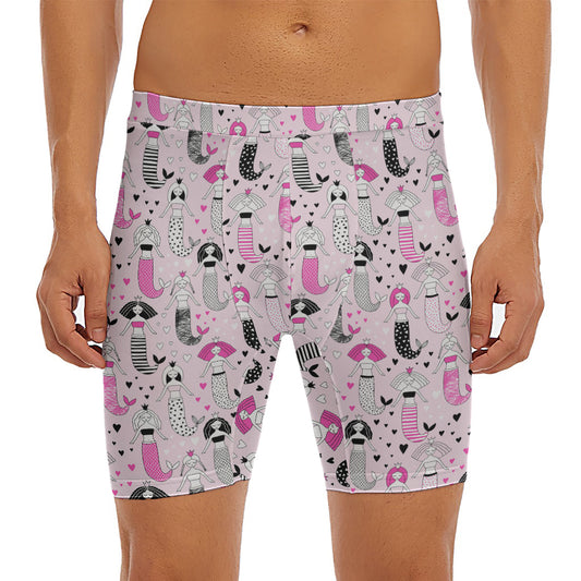 Pink Girly Mermaid Pattern Print Men's Long Boxer Briefs